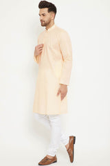 Buy Men's blended Cotton Solid Kurta Set in Cream - Side