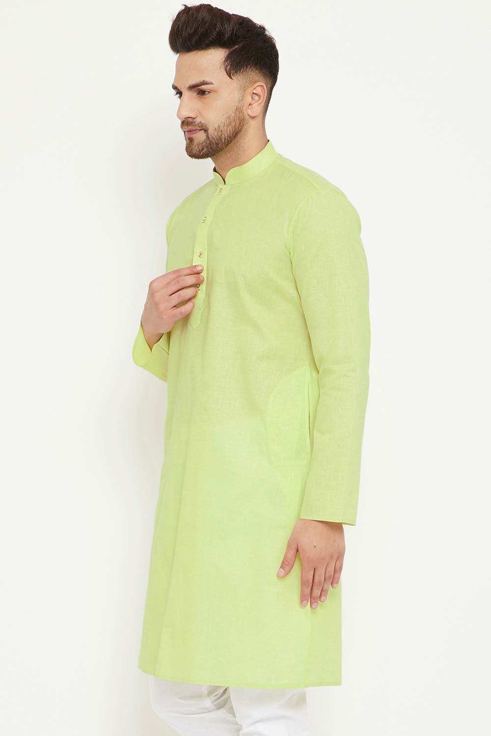 Buy Men's blended Cotton Solid Kurta in Green - Front