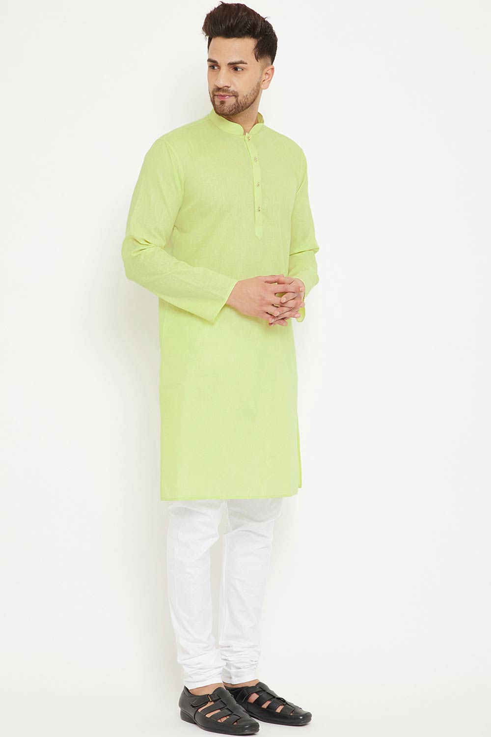 Buy Men's blended Cotton Solid Kurta Set in Pista Green - Front