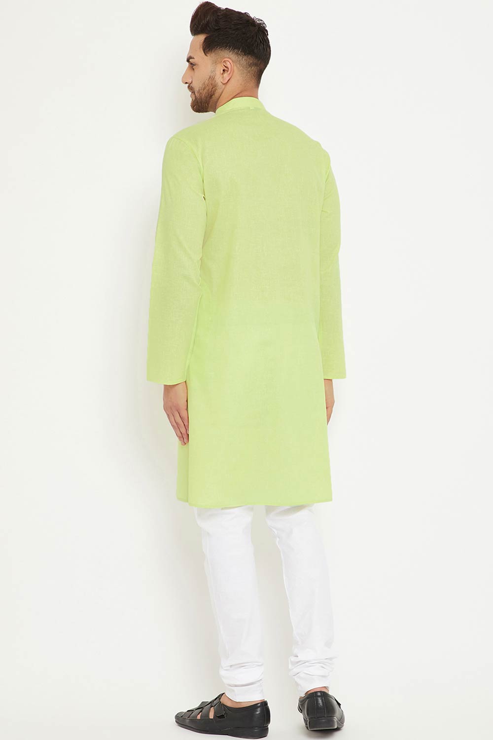 Buy Men's blended Cotton Solid Kurta Set in Pista Green - Back