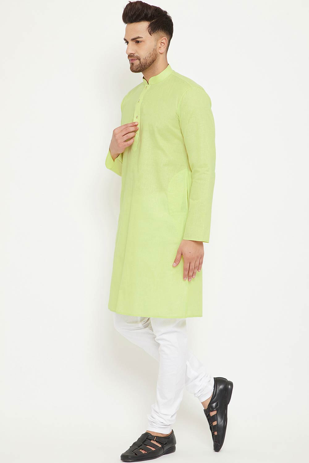 Buy Men's blended Cotton Solid Kurta Set in Pista Green - Side