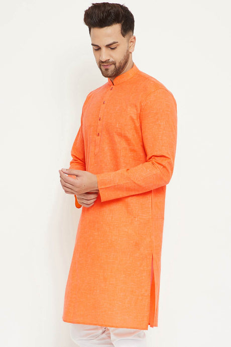 Buy Men's blended Cotton Solid Kurta in Orange - Front