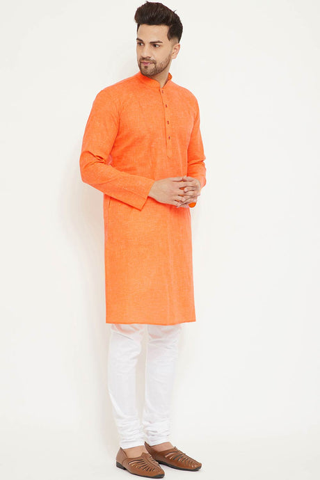 Buy Men's blended Cotton Solid Kurta Set in Orange - Front