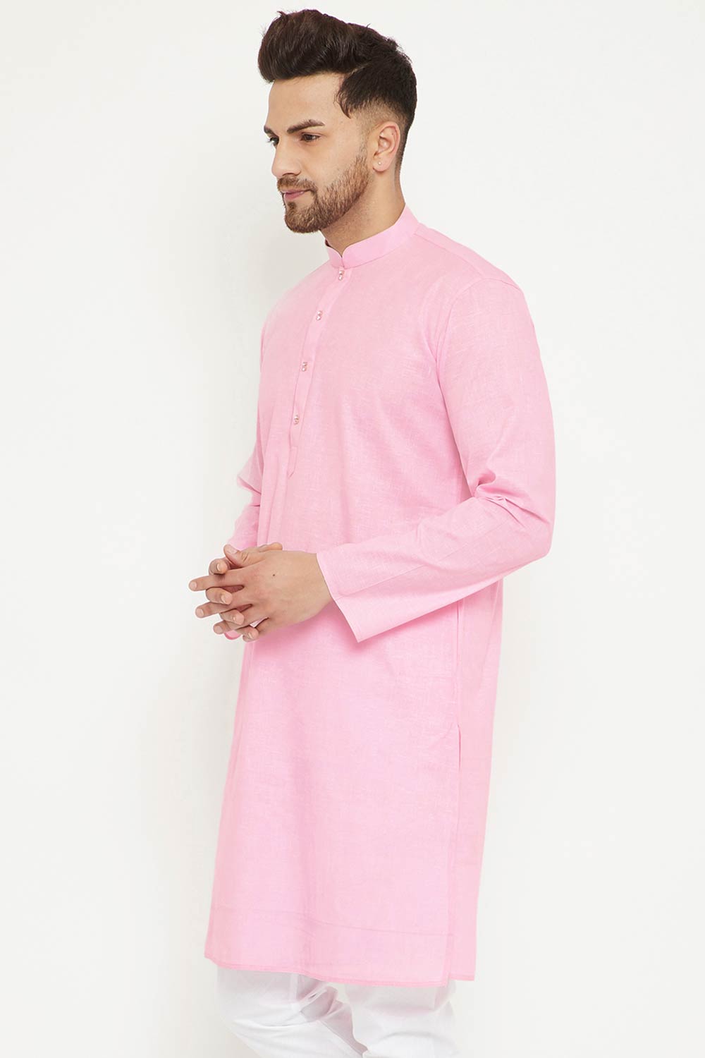 Buy Men's blended Cotton Solid Kurta in Pink - Front