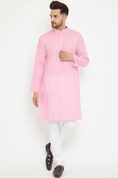 Buy Men's blended Cotton Solid Kurta Set in Light Pink