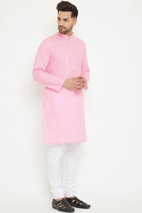 Buy Men's blended Cotton Solid Kurta Set in Light Pink - Front