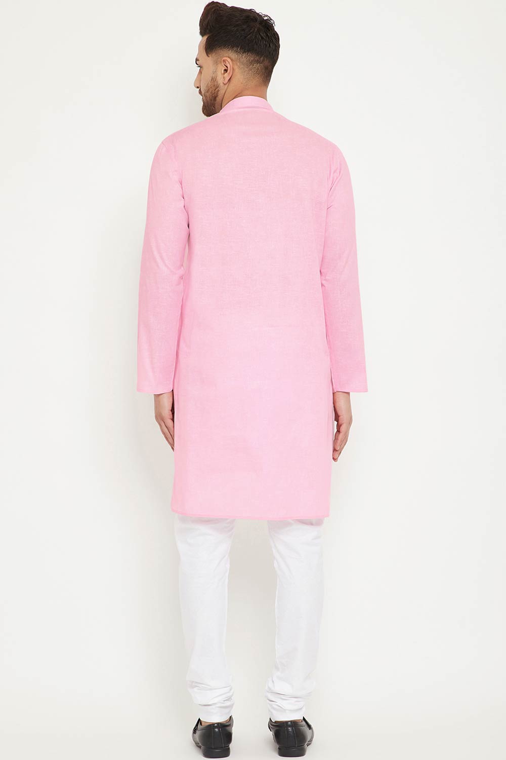 Buy Men's blended Cotton Solid Kurta Set in Light Pink - Back