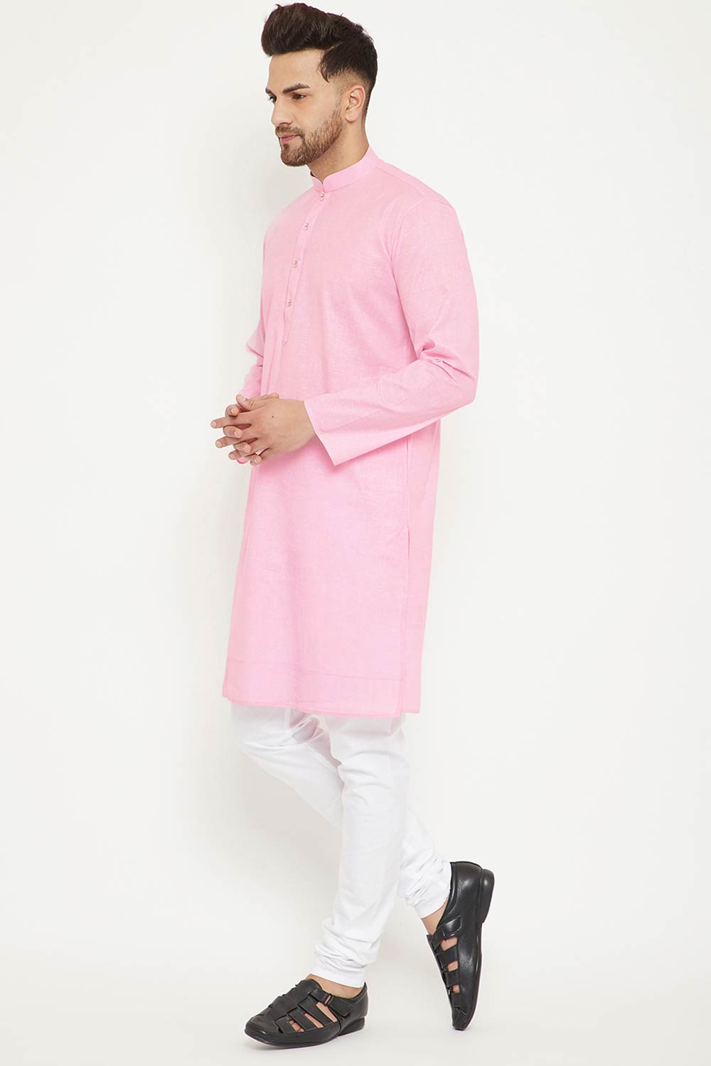 Buy Men's blended Cotton Solid Kurta Set in Light Pink - Side