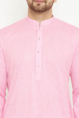 Buy Men's blended Cotton Solid Kurta Set in Light Pink - Online