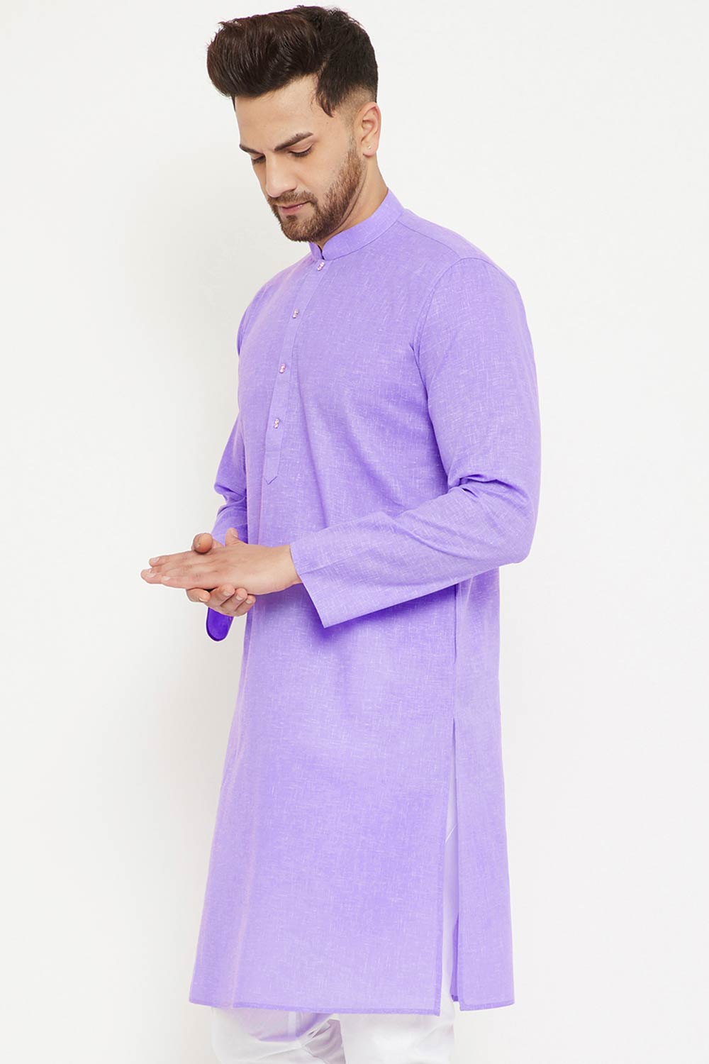Buy Men's blended Cotton Solid Kurta in Purple - Front