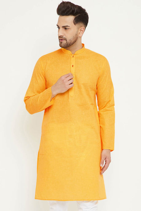 Buy Men's blended Cotton Solid Kurta in Yellow