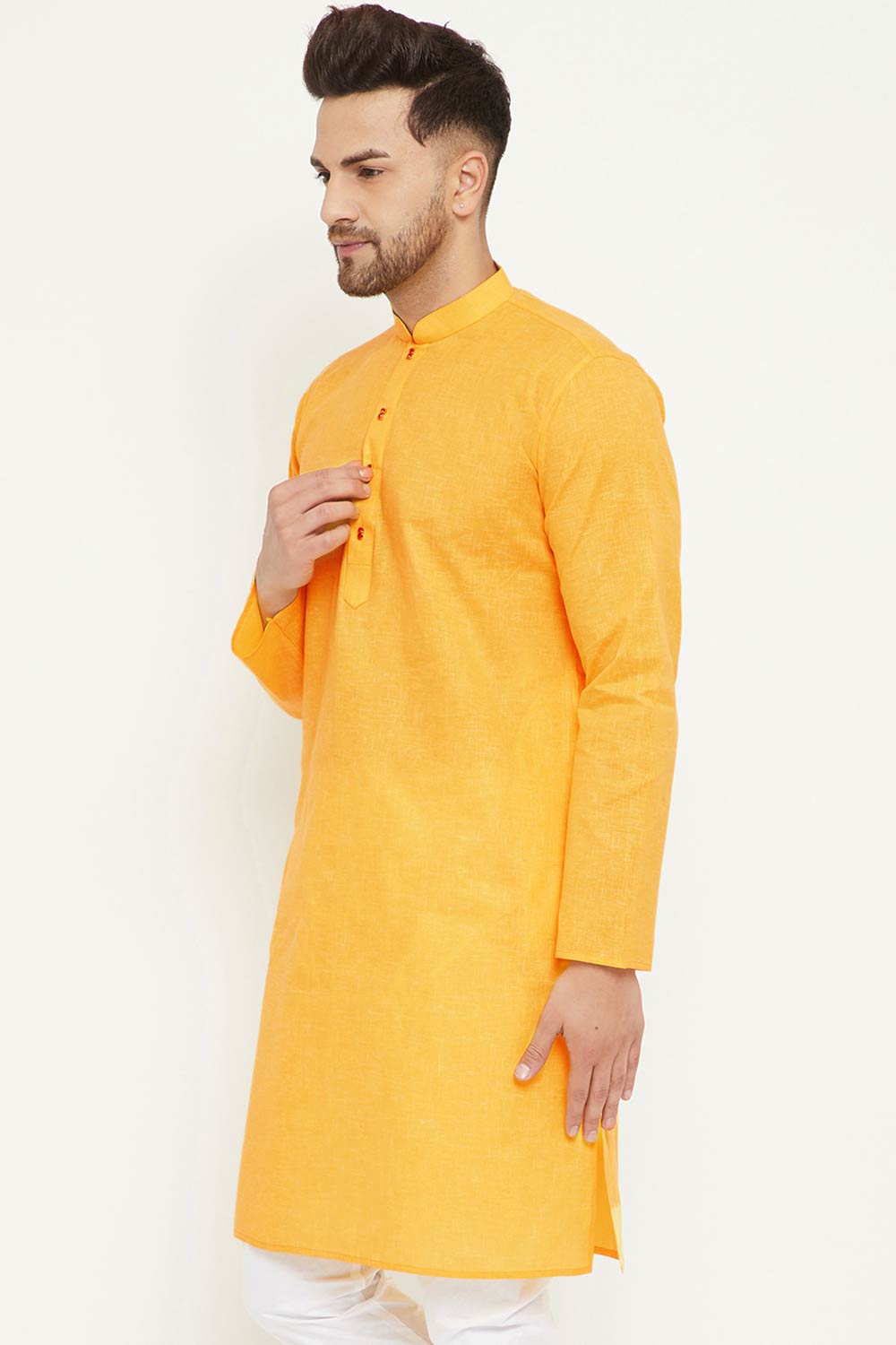 Buy Men's blended Cotton Solid Kurta in Yellow - Front