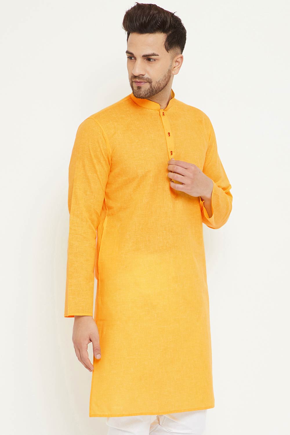 Buy Men's blended Cotton Solid Kurta in Yellow - Back