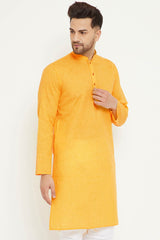 Buy Men's blended Cotton Solid Kurta in Yellow - Back