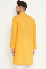 Buy Men's blended Cotton Solid Kurta in Yellow - Side