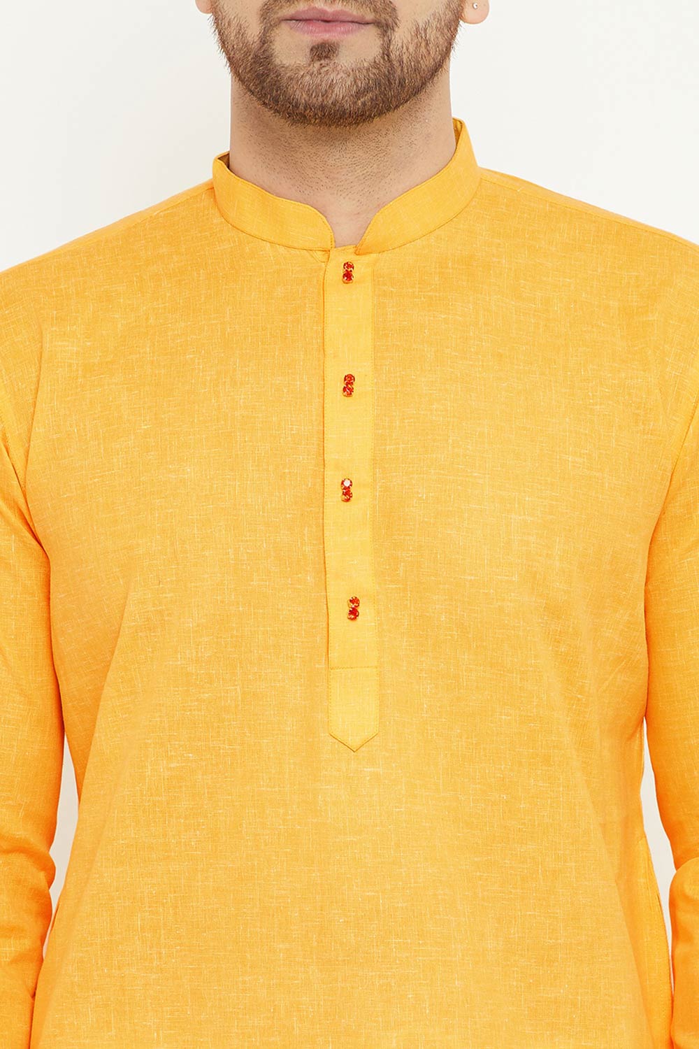 Buy Men's blended Cotton Solid Kurta in Yellow - Online
