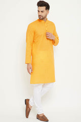 Buy Men's blended Cotton Solid Kurta Set in Yellow - Front