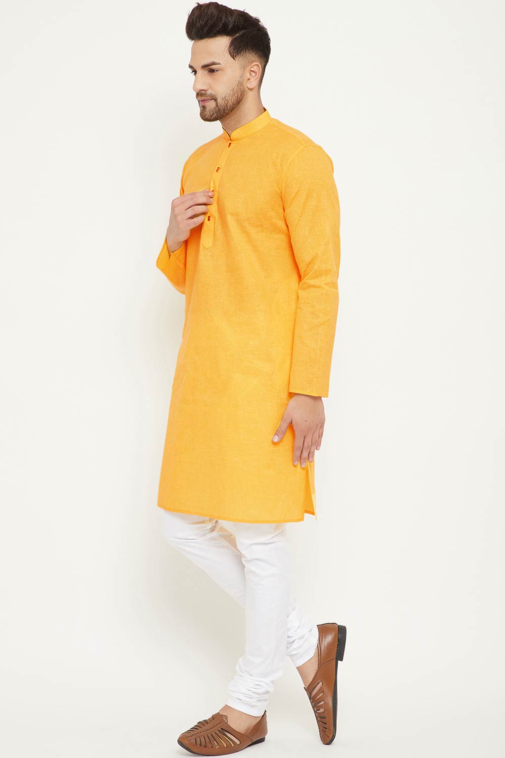 Buy Men's blended Cotton Solid Kurta Set in Yellow - Side