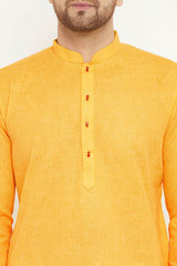 Buy Men's blended Cotton Solid Kurta Set in Yellow - Online