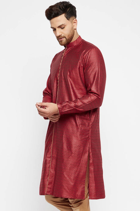 Buy Men's Blended Silk Woven Kurta in Maroon - Front