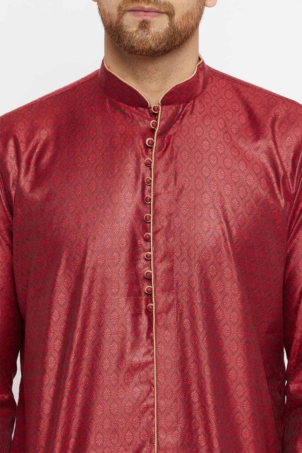 Buy Men's Blended Silk Woven Kurta in Maroon - Side