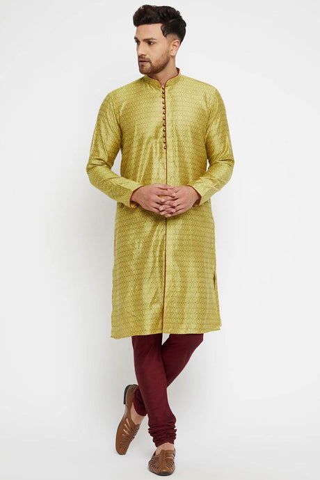 Buy Men's Blended Silk Woven Kurta Set in Mustard
