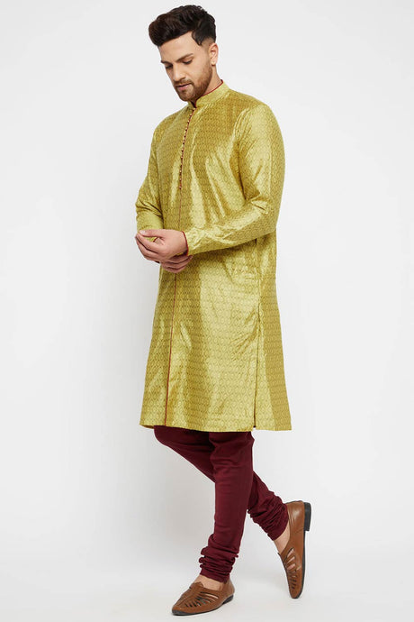 Buy Men's Blended Silk Woven Kurta Set in Mustard - Front