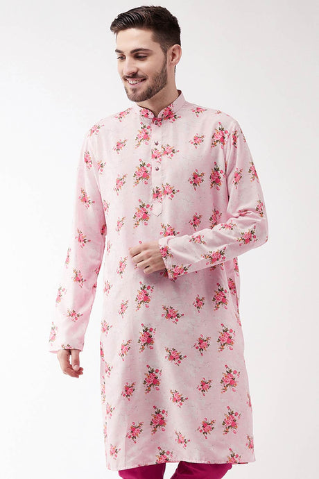 Buy Men's Muslin Blend Floral Printed Kurta in Light Pink