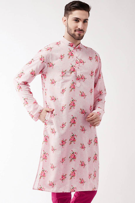 Buy Men's Muslin Blend Floral Printed Kurta in Light Pink - Front