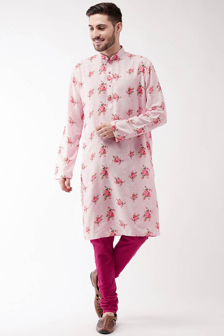 Buy Men's Muslin Blend Floral Printed Kurta Set in Light Pink