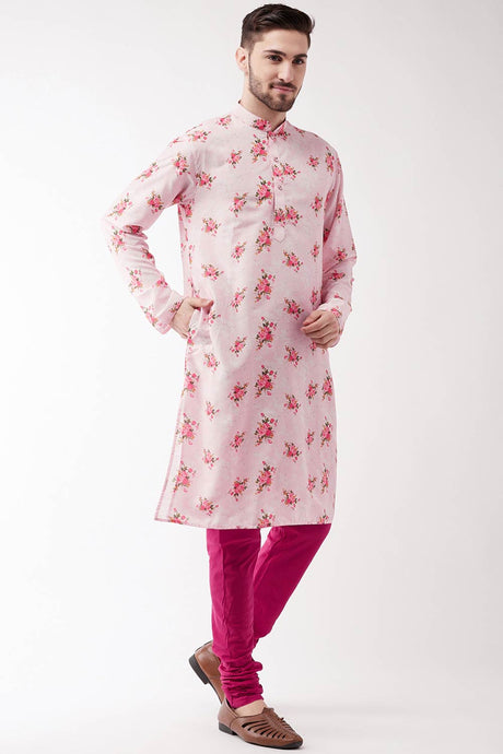 Buy Men's Muslin Blend Floral Printed Kurta Set in Light Pink - Front