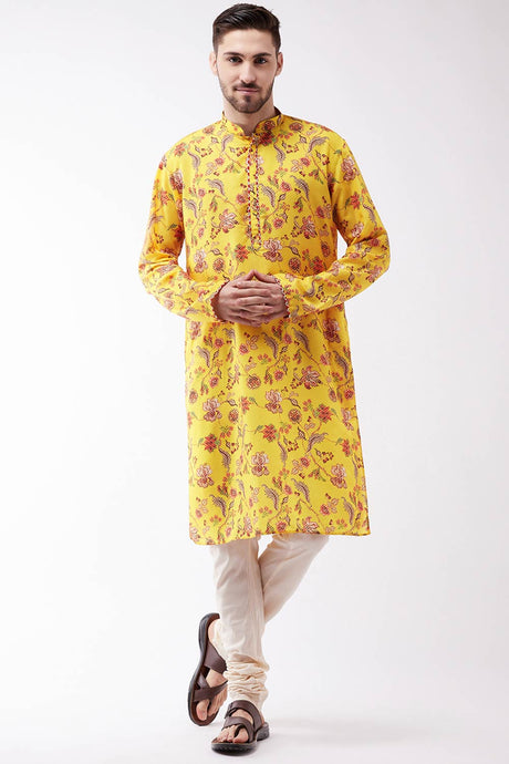 Buy Men's Muslin Blend Floral Printed Kurta Set in Yellow