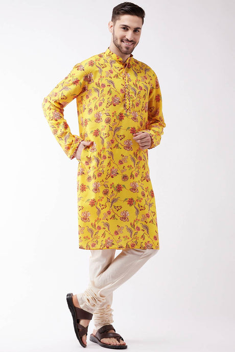 Buy Men's Muslin Blend Floral Printed Kurta Set in Yellow - Front