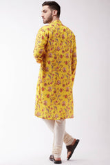 Buy Men's Muslin Blend Floral Printed Kurta Set in Yellow - Back