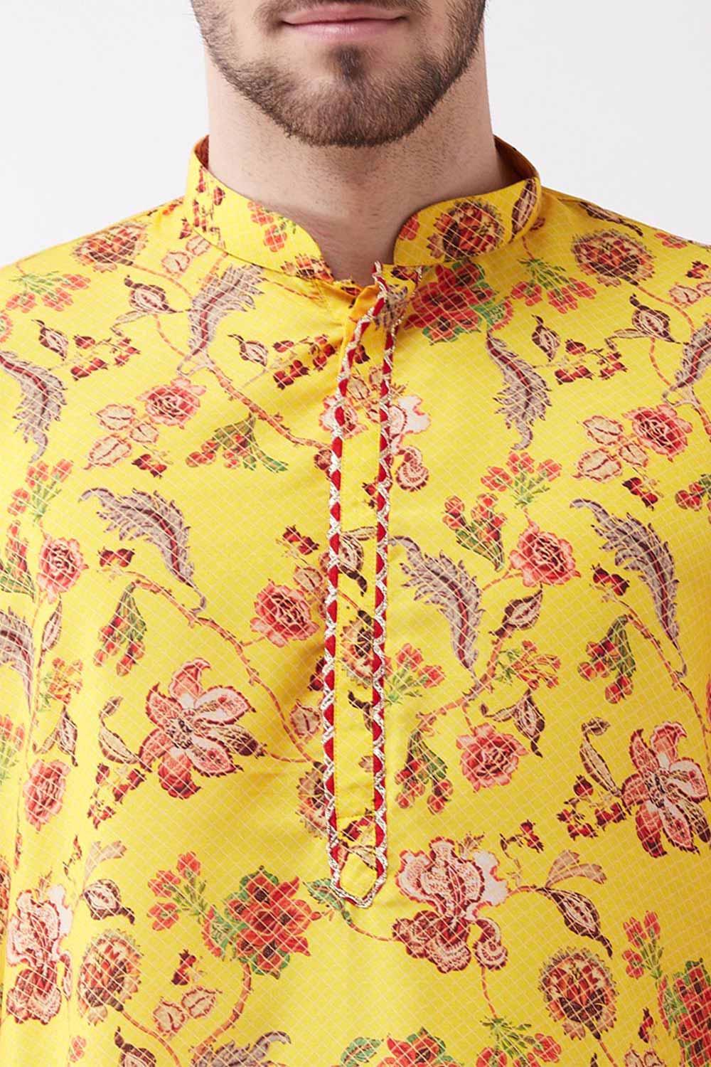 Buy Men's Muslin Blend Floral Printed Kurta Set in Yellow - Side