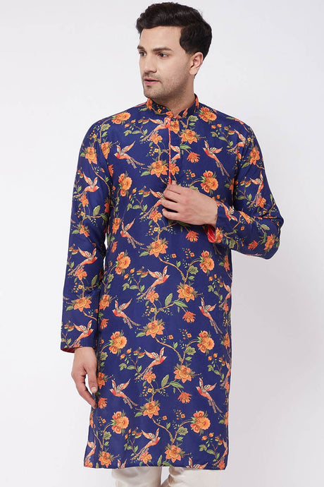 Buy Men's Muslin Blend Floral Printed Kurta in Navy Blue