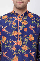 Buy Men's Muslin Blend Floral Print Kurta Set in Navy Blue - Side