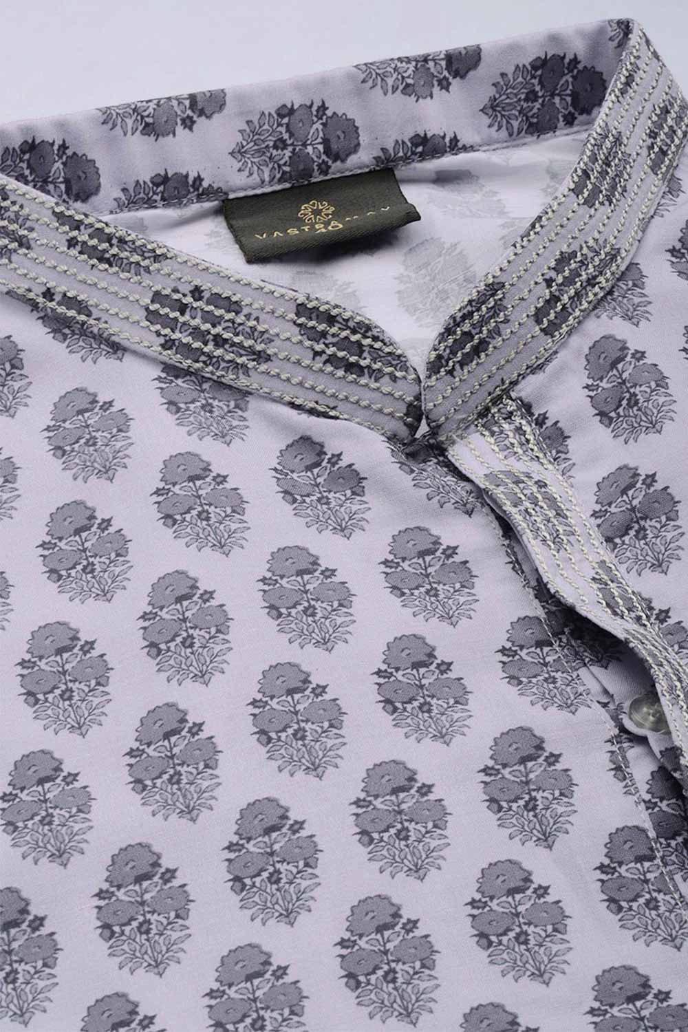 Buy Men's blended Cotton Floral Printed Kurta Set in Grey - Front