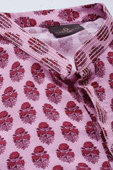 Buy Men's blended Cotton Floral Printed Kurta Set in Pink - Front