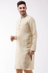 Buy Men's Blended Silk Woven Kurta in Beige - Front