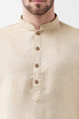 Buy Men's Blended Silk Woven Kurta in Beige - Side