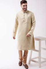 Buy Men's Blended Silk Woven Kurta in Beige - Online