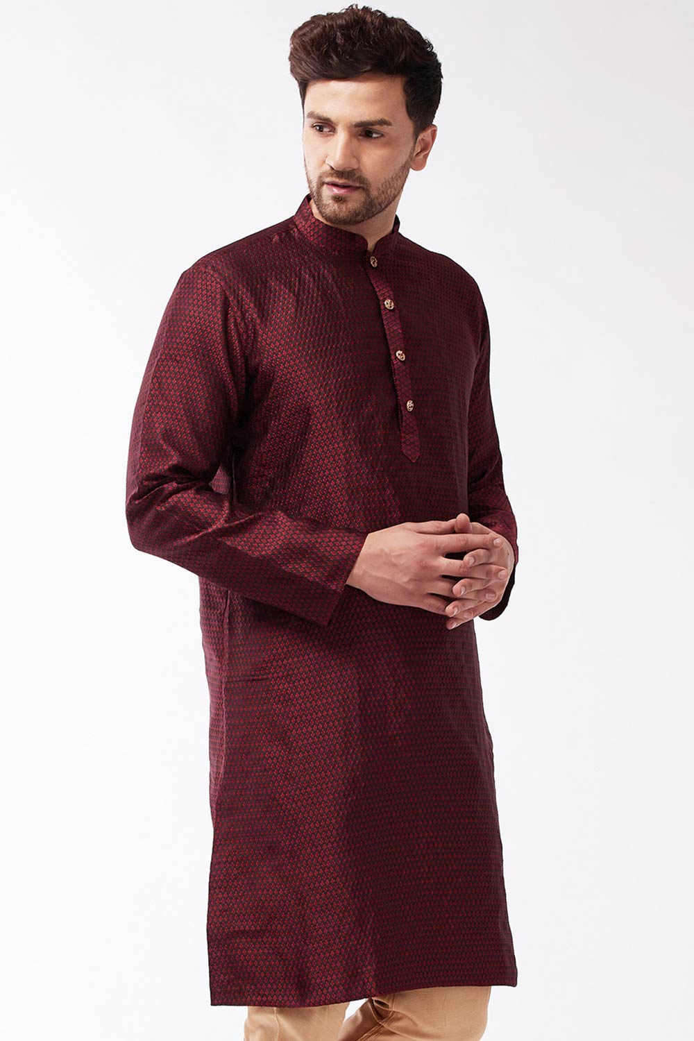 Buy Men's Blended Silk Woven Kurta in Maroon - Front