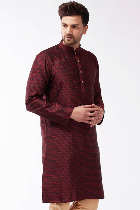 Buy Men's Blended Silk Woven Kurta in Maroon - Front