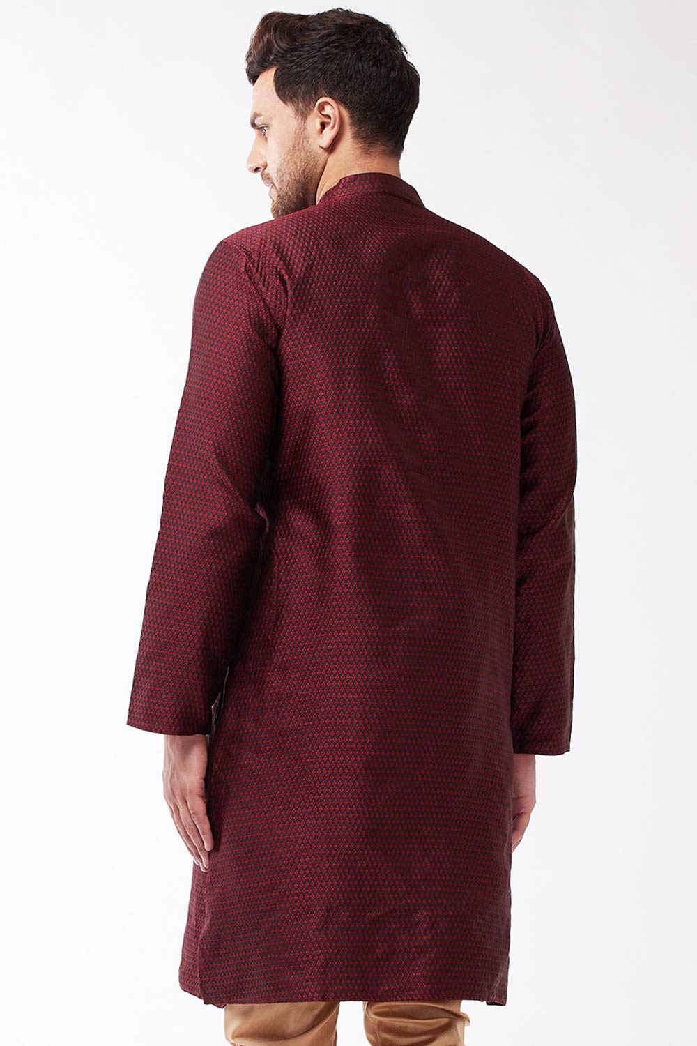 Buy Men's Blended Silk Woven Kurta in Maroon - Back