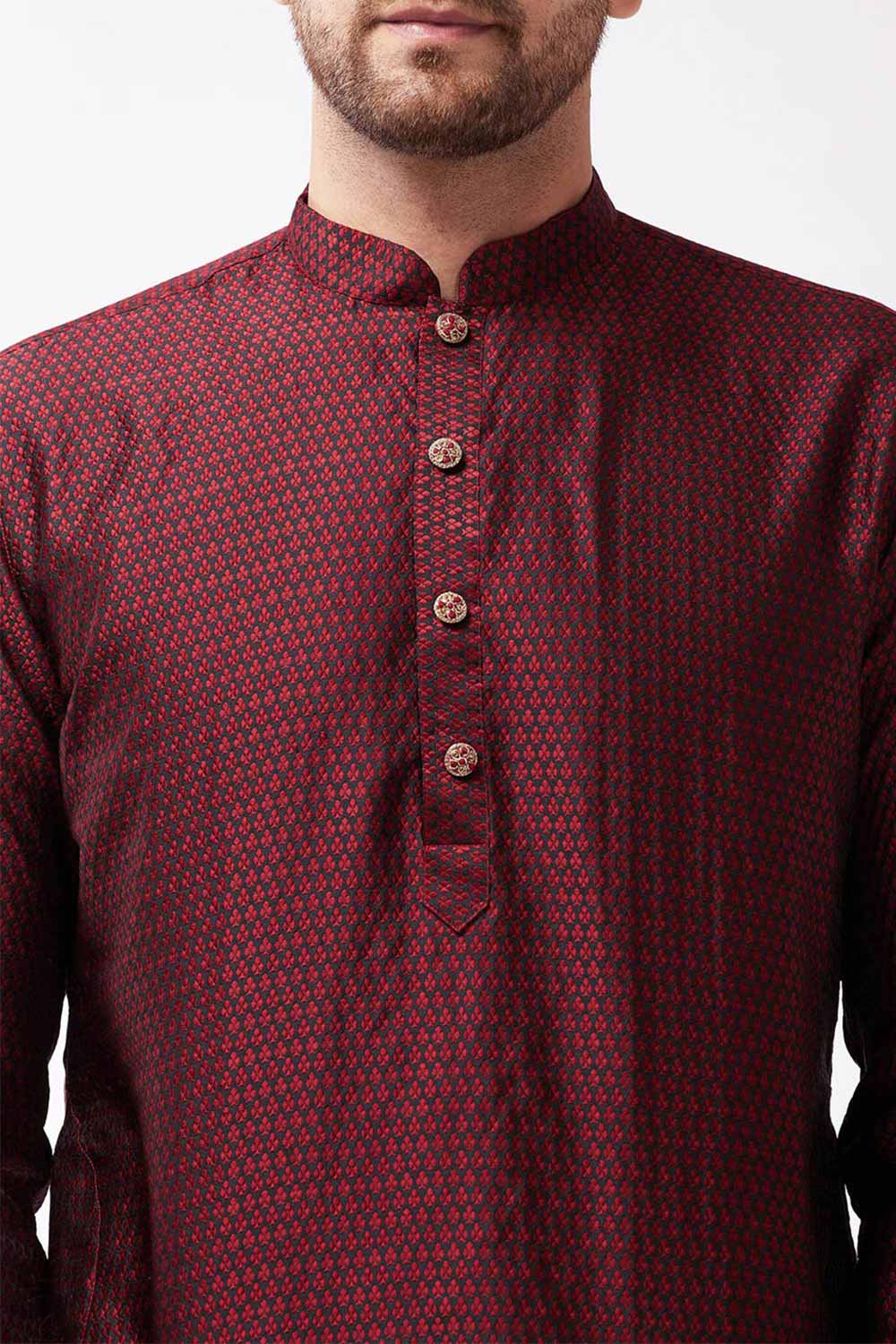 Buy Men's Blended Silk Woven Kurta in Maroon - Side