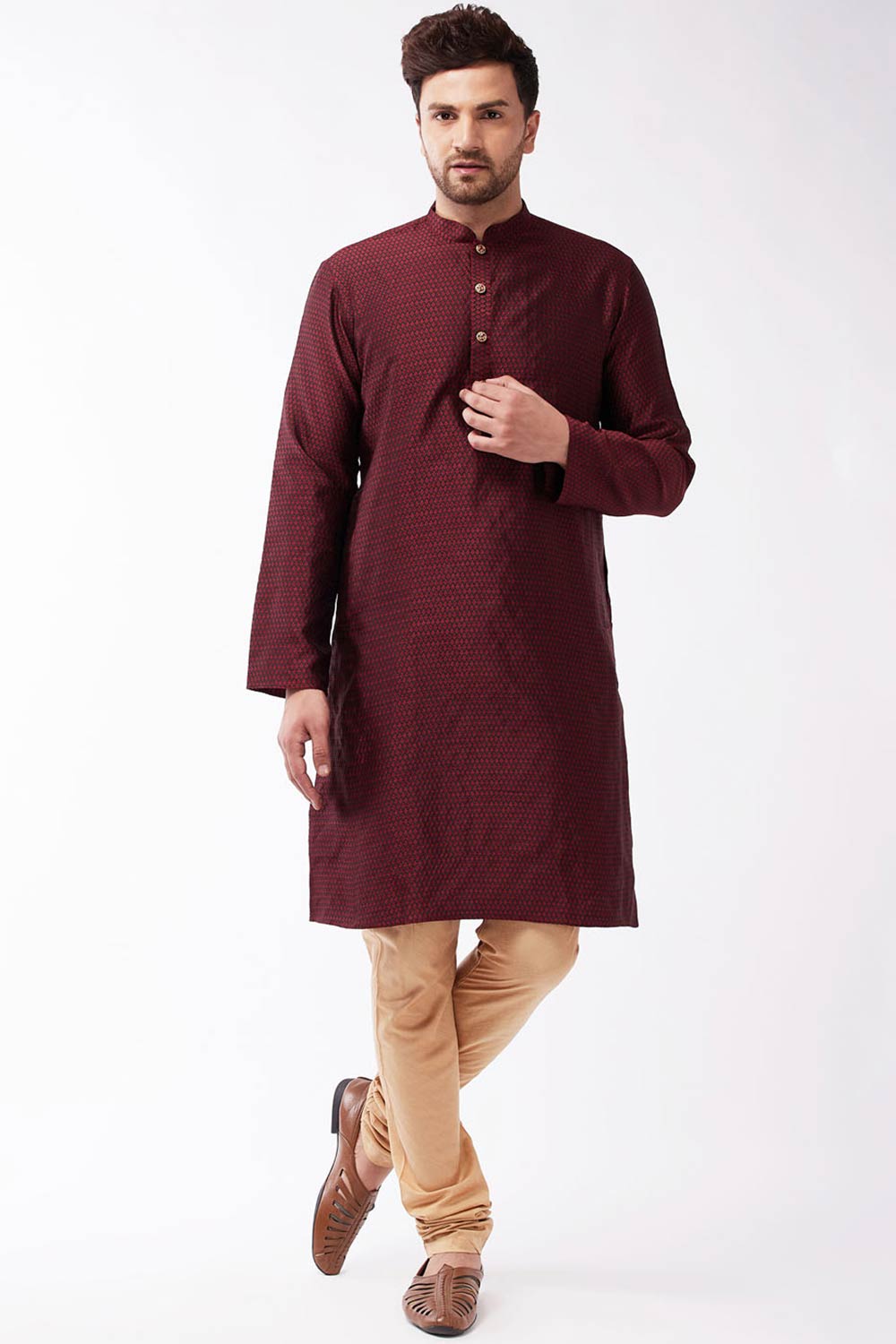 Buy Men's Blended Silk Woven Kurta in Maroon - Online