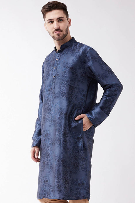 Buy Men's Blended Silk Tie Dye and Woven Kurta in Blue - Front