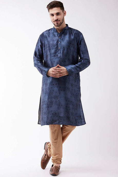 Buy Men's Blended Silk Tie Dye and Woven Kurta Set in Navy Blue