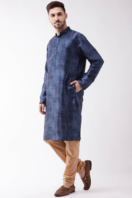 Buy Men's Blended Silk Tie Dye and Woven Kurta Set in Navy Blue - Front